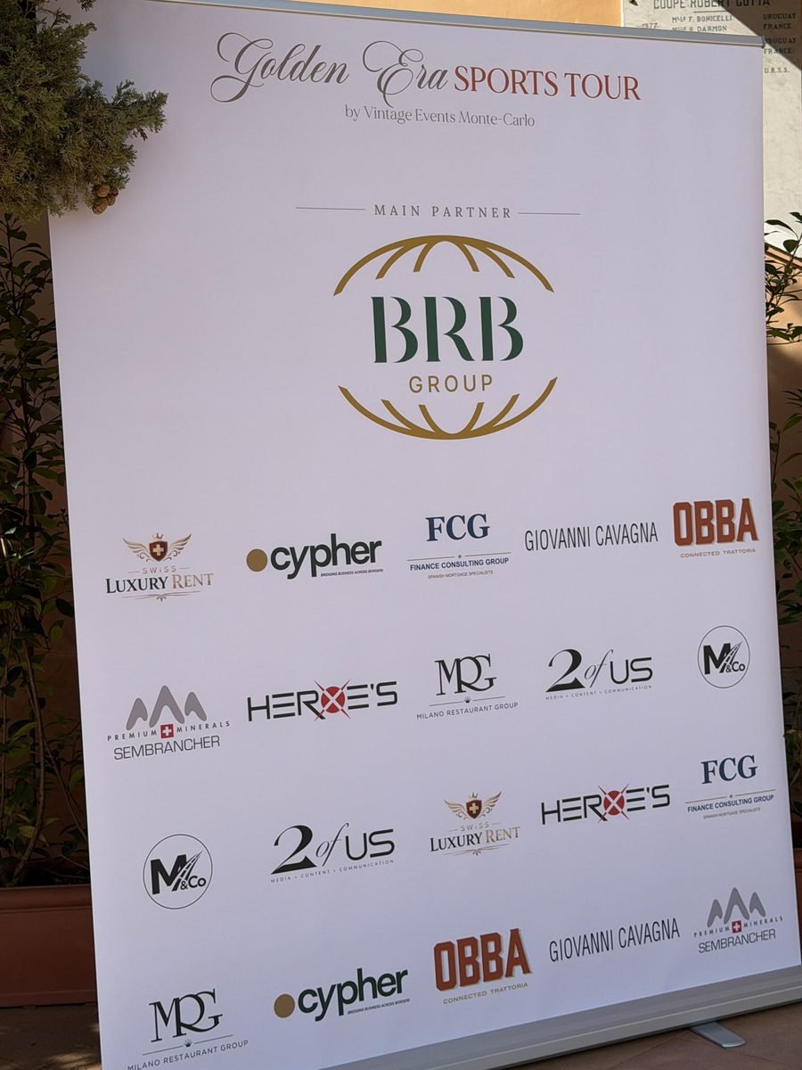 The Golden Era Sports Tour partner wall at the Monte-Carlo Country Club, with the Finance Consulting Group logo among the partner logos